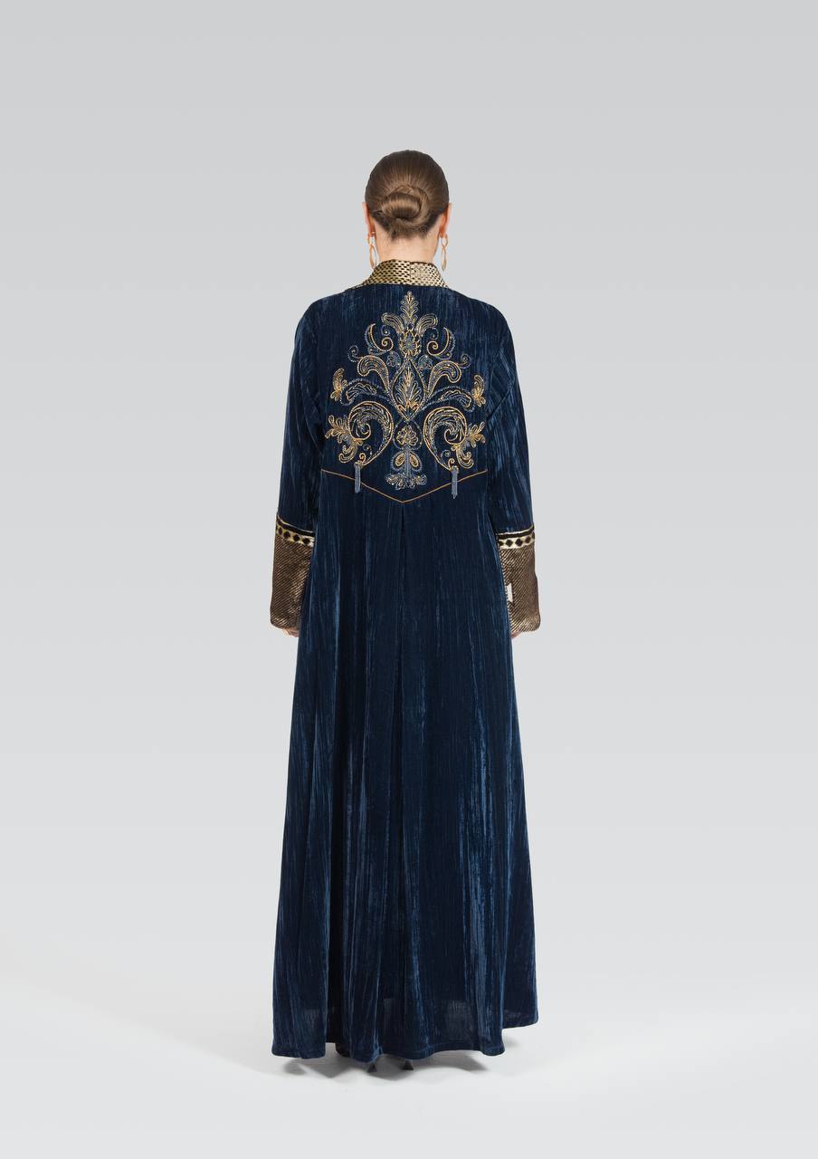 Navy blue velvet abaya with beadwork and embroidery.C:6839