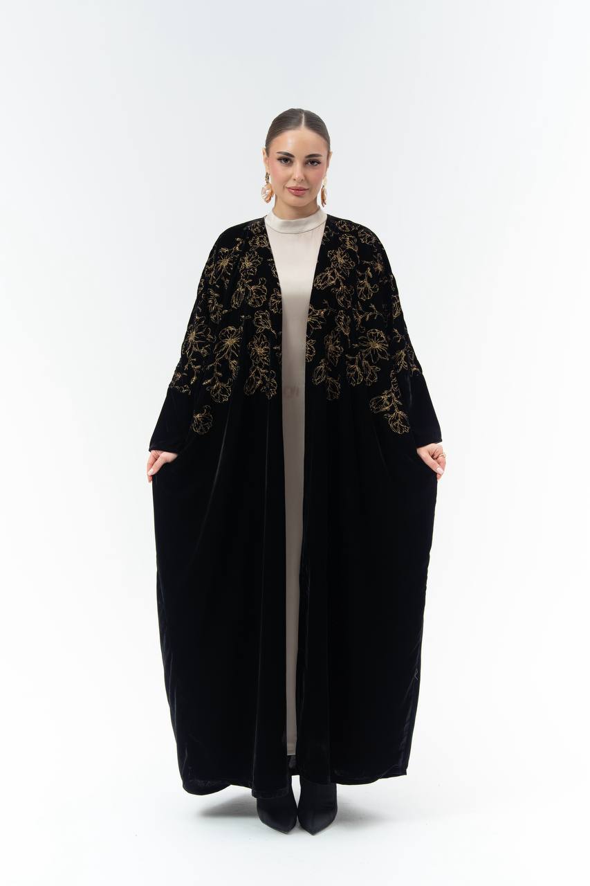 Black velvet Bisht-style abaya with embroidery.C:6843