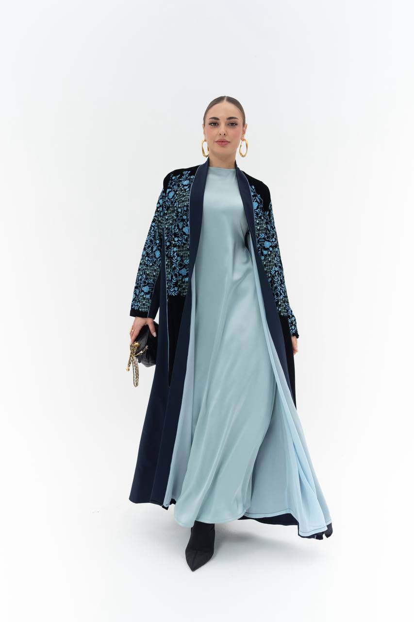 Embroidered velvet and crepe abaya.C:6835Blue