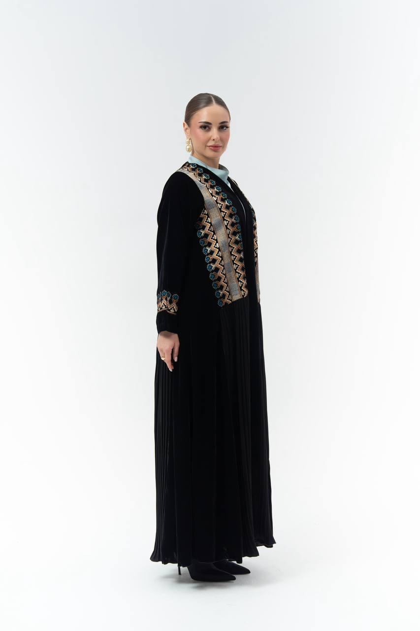Black velvet abaya with embroidery.C:6846