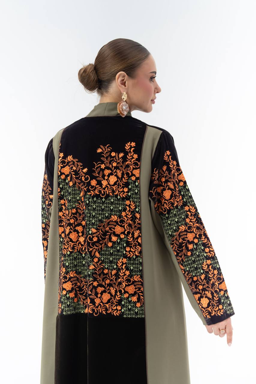 Embroidered velvet and crepe abaya.C:6835