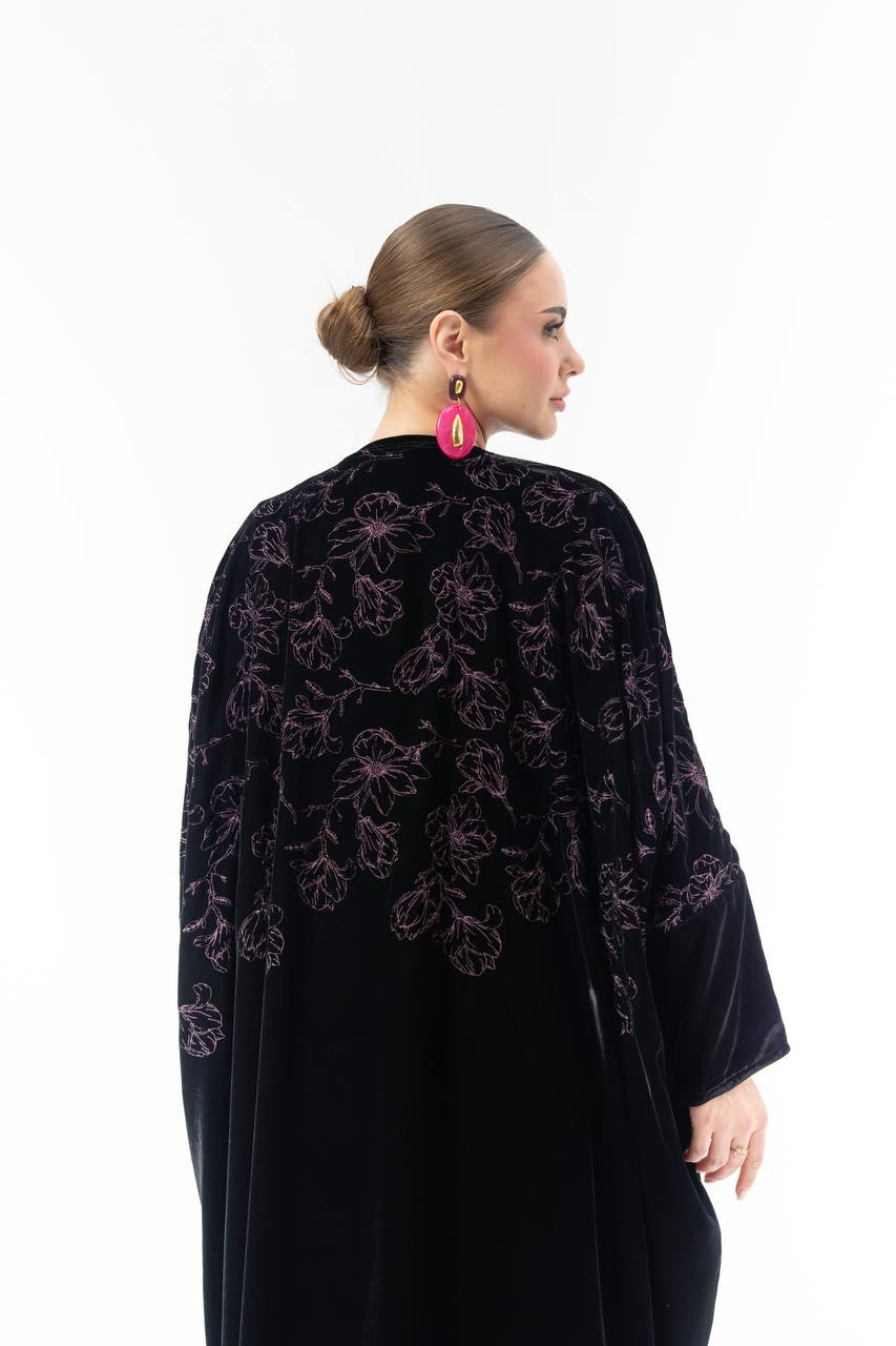 Black velvet Bisht-style abaya with embroidery.C:6843 Pink