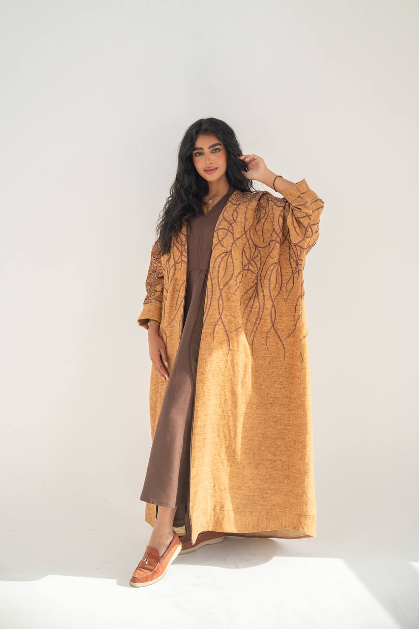 Brown linen bisht abaya with embroidery C:6648