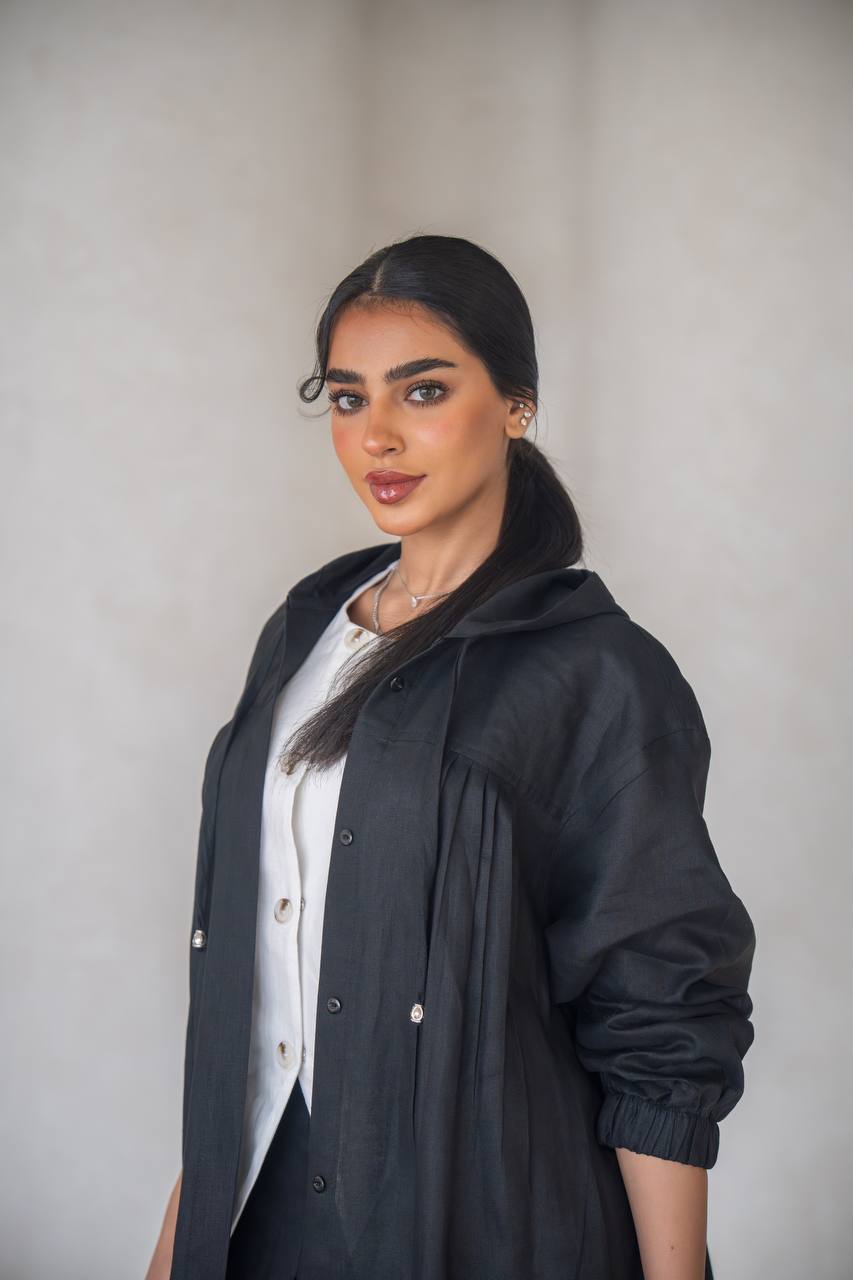Black abaya with inner set, made of linen C:6634 Black
