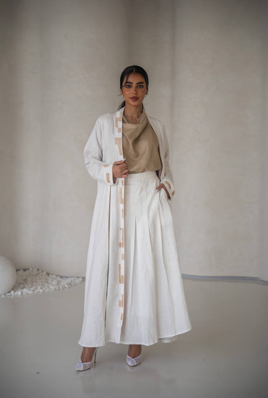 White linen abaya with inner set C:6640 White