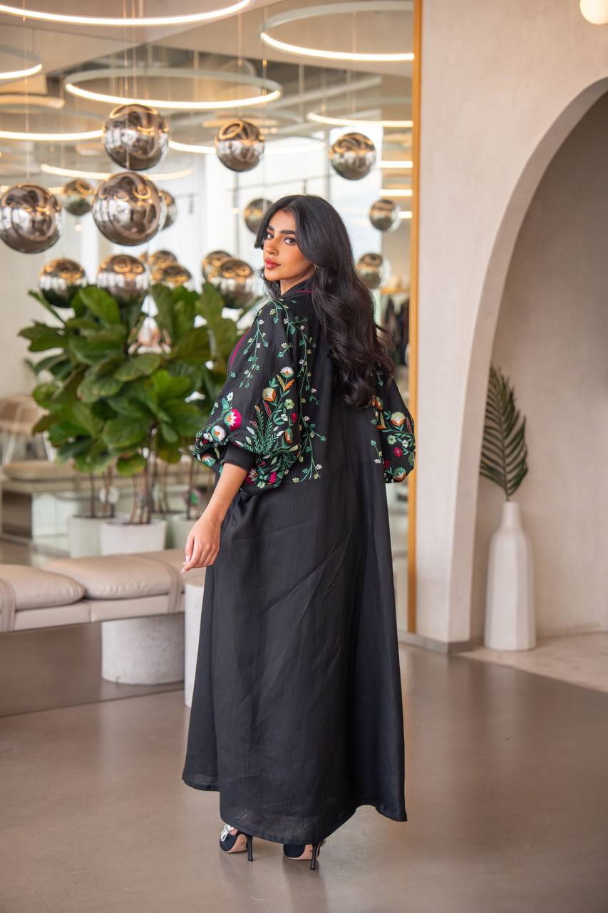 Free size black linen abaya with embroidery C:6631 GREEN (Free size)