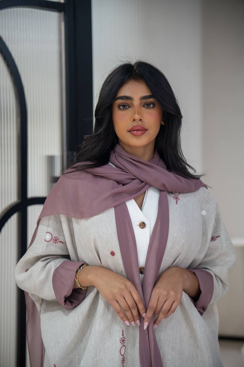 Light beige linen abaya with embroidery C:6622 Beige (Free size)