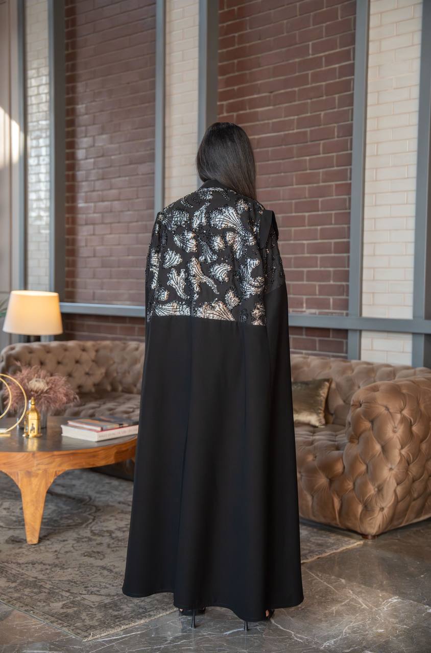 Black crepe abaya with embroidery C:6596 Black (Free size)