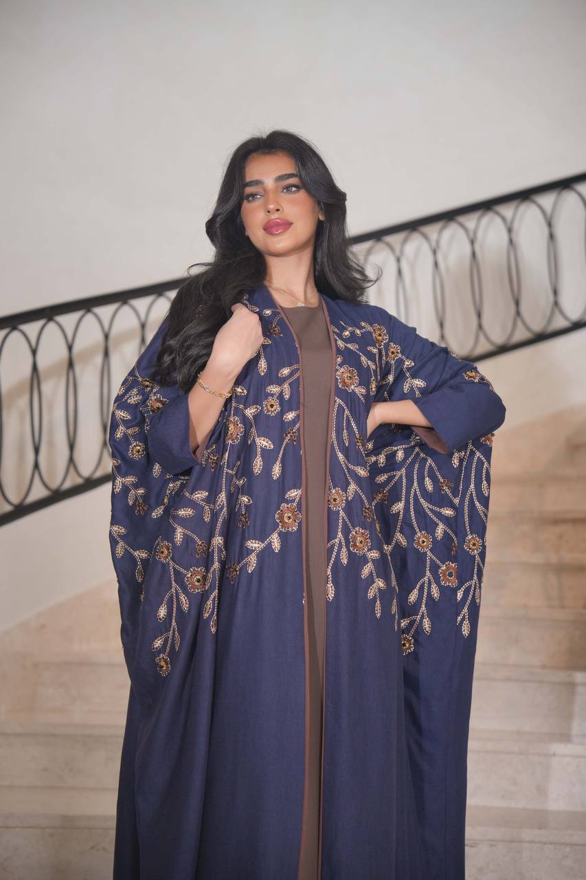 Navy Linen Bisht with Embroidery C:6595 (Free size)