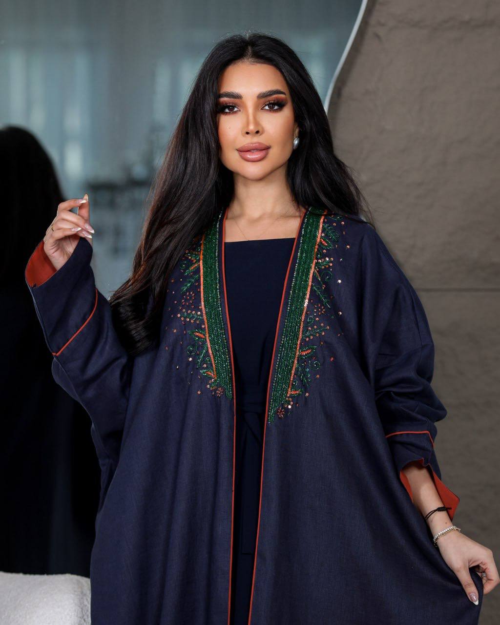 ABAYA BESHT LINEN WITH HANDMADE BEAT C:6439 (FREE SIZE)