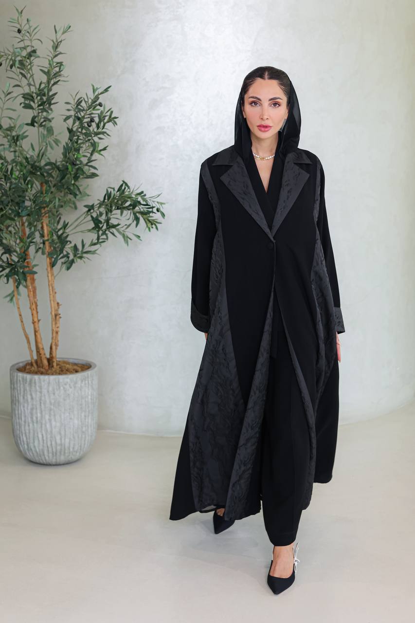 Black crepe abaya with jacquard.C:6670