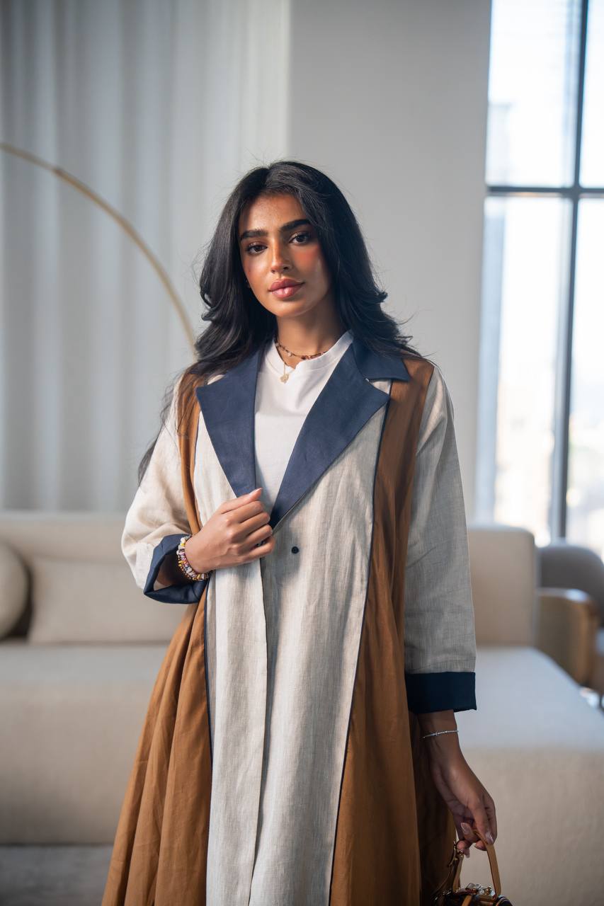 Beige and camel linen abaya. C:6686
