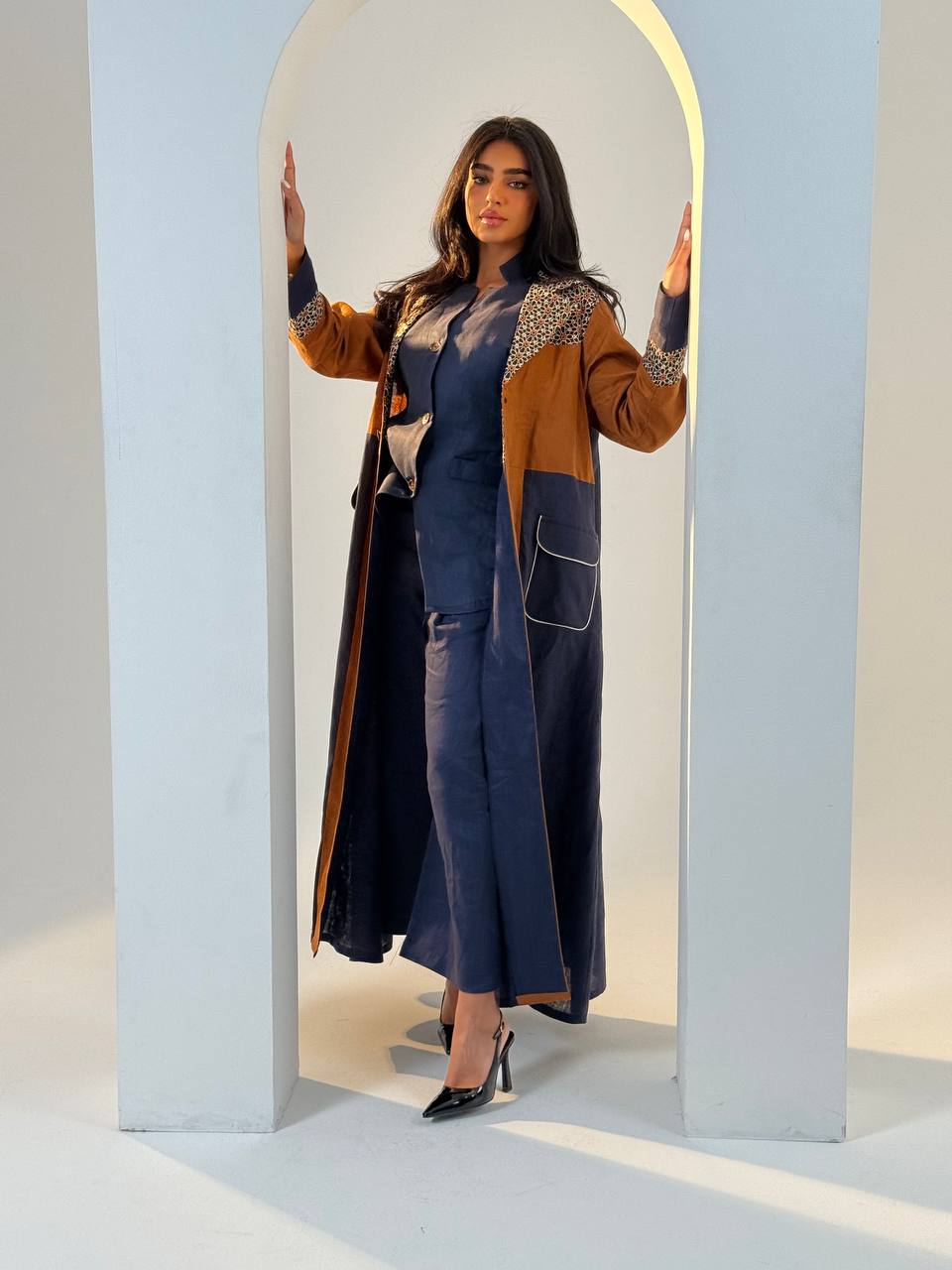 Camel and navy linen abaya with embroidery.C:6692