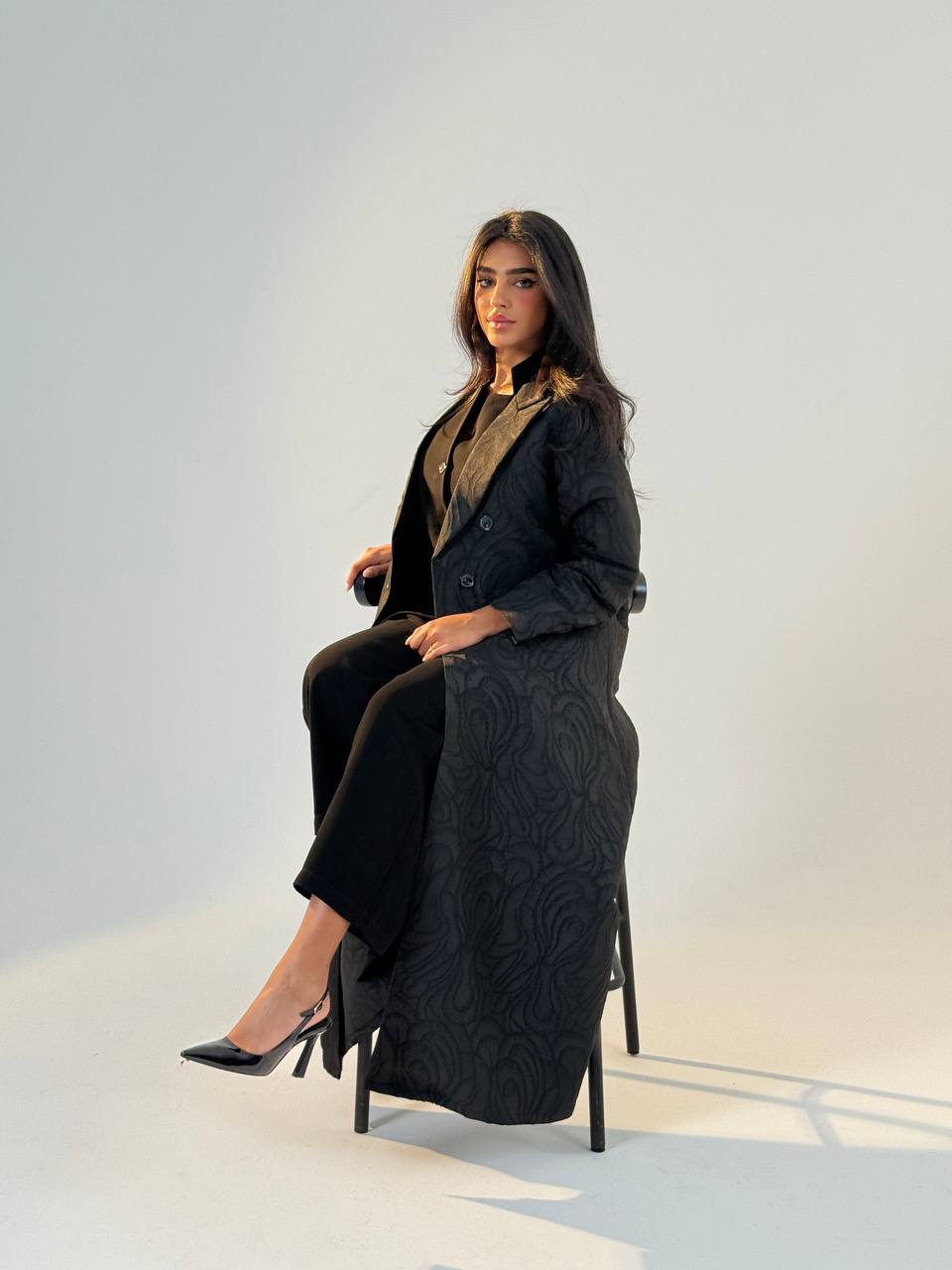Black crepe jacquard blazer abaya.C:6693