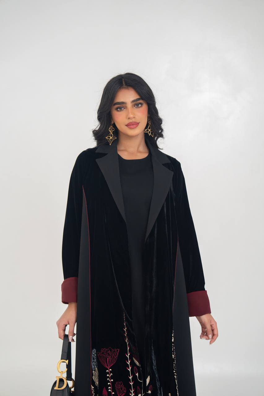 Black velvet blazer abaya with embroidery. C:6712
