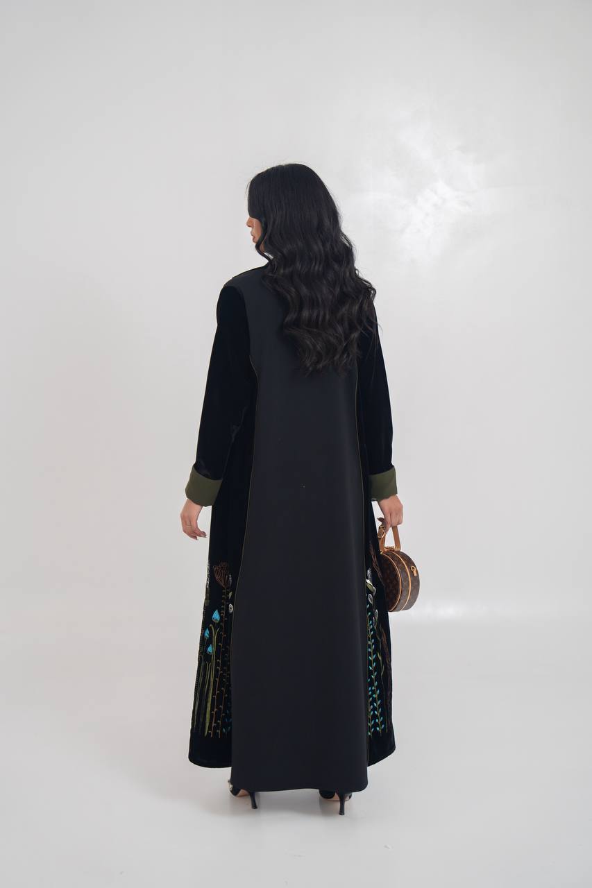 Velvet blazer abaya with crepe and embroidery. C:6711