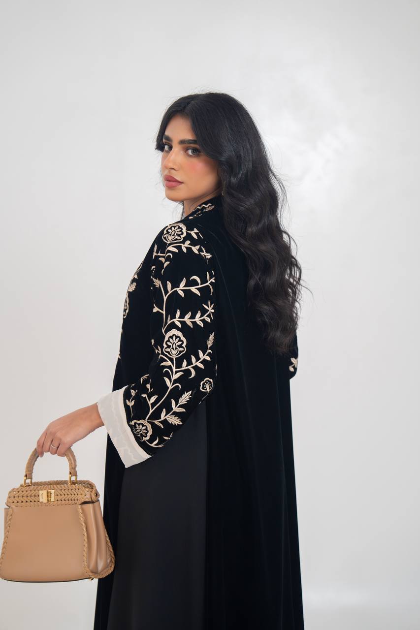 Black velvet abaya with embroidery. C:6710