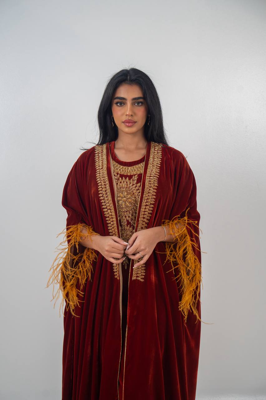 Bisht and dress set in burgundy velvet with hand embellishment.C:6714