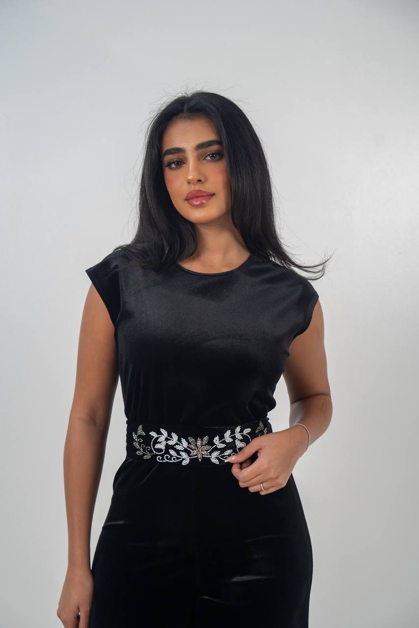 Velvet bisht and jumpsuit set in black with hand embellishment.C:6719