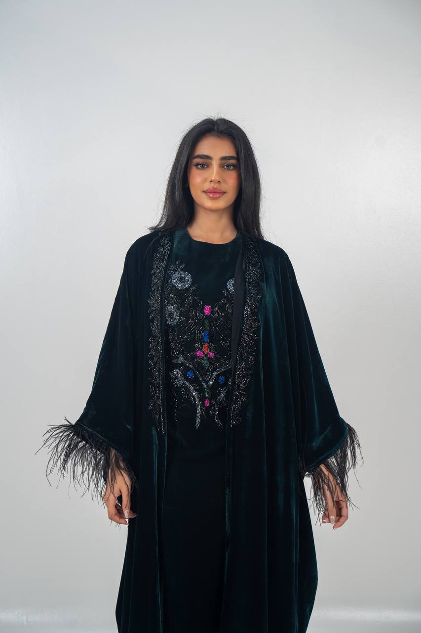 A set of bisht and dress, velvet in olive green with hand embroidery..C:6716