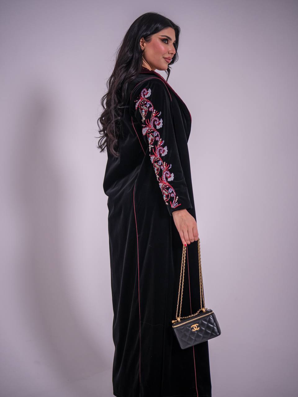 Black velvet blazer abaya with hand-stitched details. C:6735