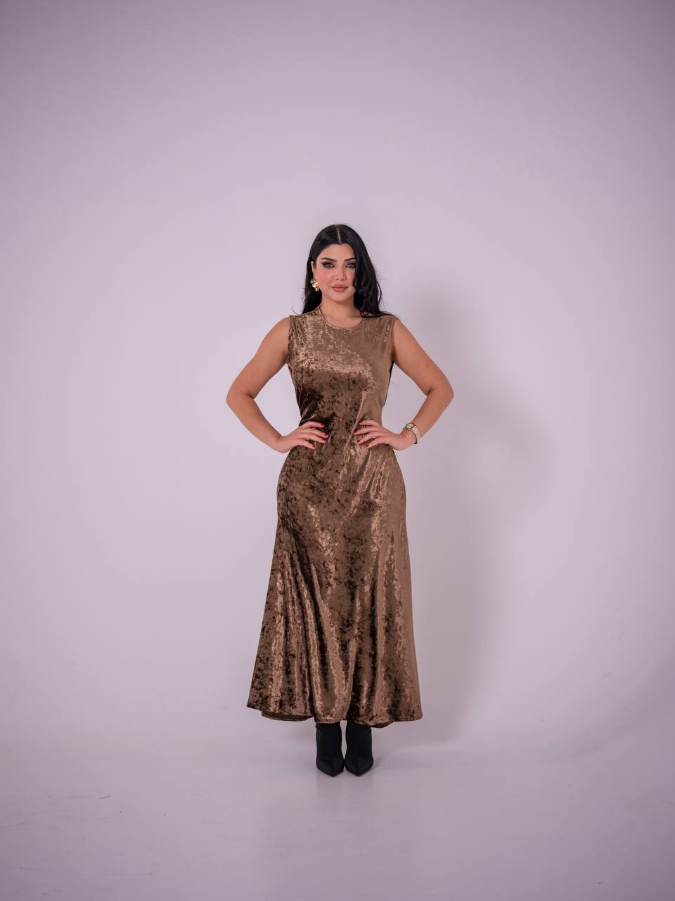 brown stretch velvet dress. C:223 Brown