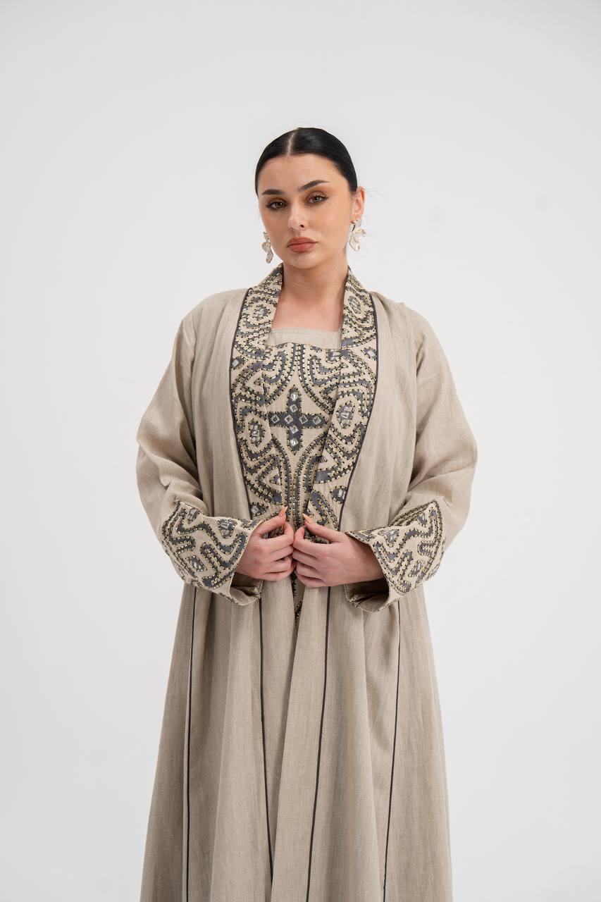 Abaya and dress set, linen with embroidery. C:6741