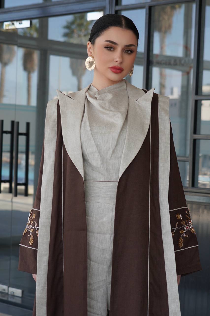 Brown linen blazer abaya with hand-stitched details. C:6755