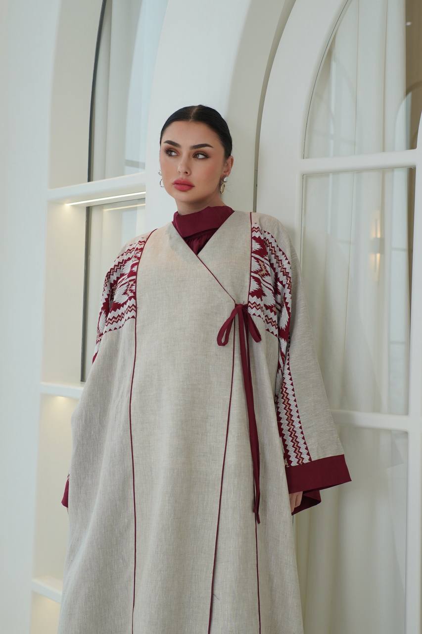 Beige linen abaya with embroidery. C:6757