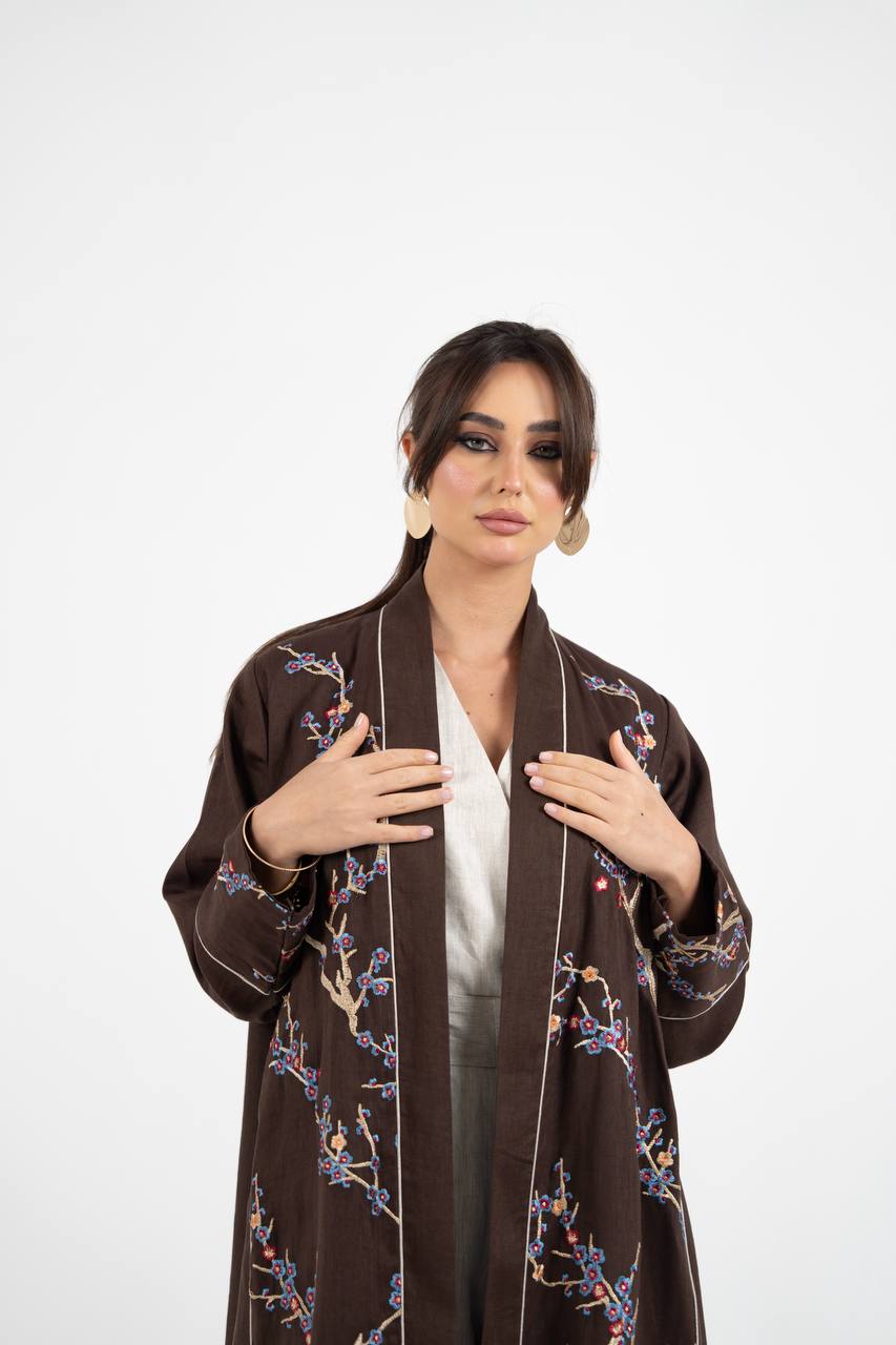 Linen abaya in brown with embroidery. C:6760
