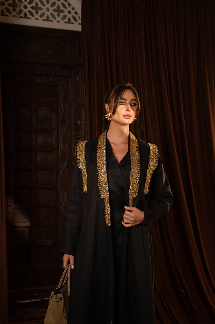 Linen abaya in black with embroidery. C:6762