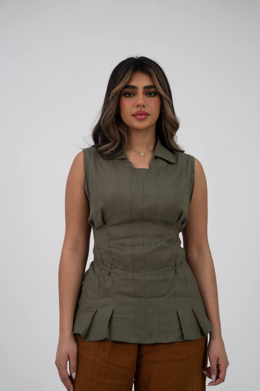 Linen blouse and pants set. C:229 Green/Camal