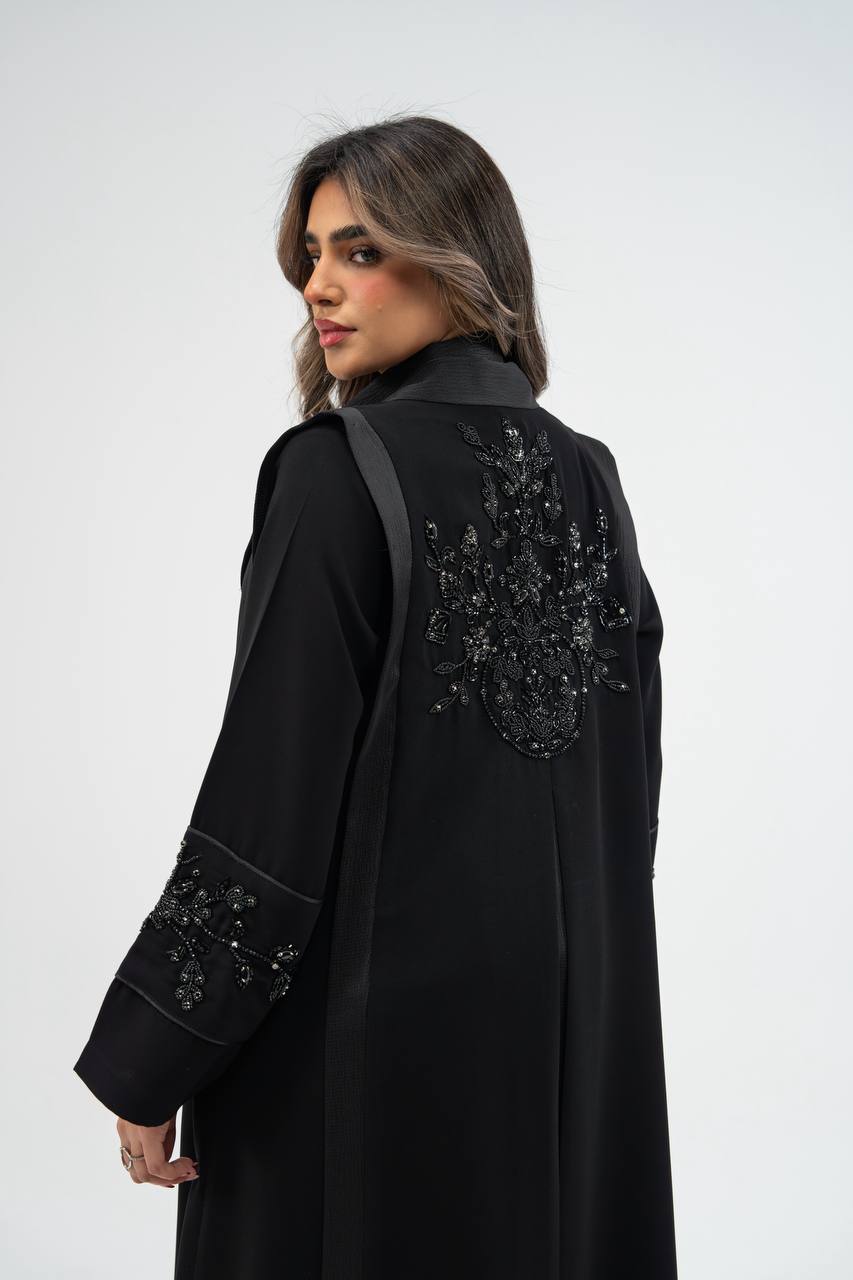 Black crepe fabric abaya with satin. C: 6755 black crepe