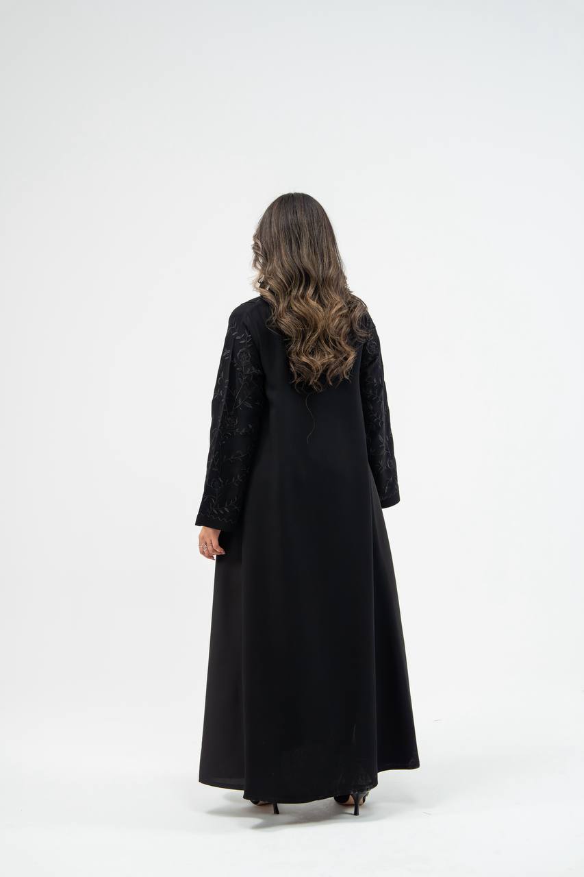 Black crepe abaya with embroidery . C:6710 black crepe