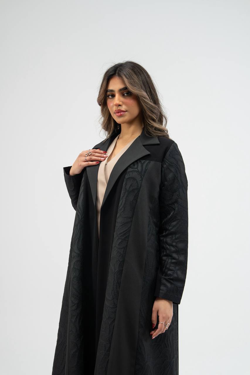 Black crepe abaya with jacquard detailin.  C:6775