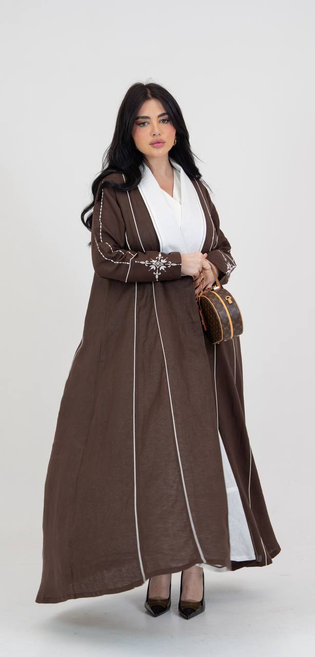 Linen abaya in brown with embroidery. C:6782