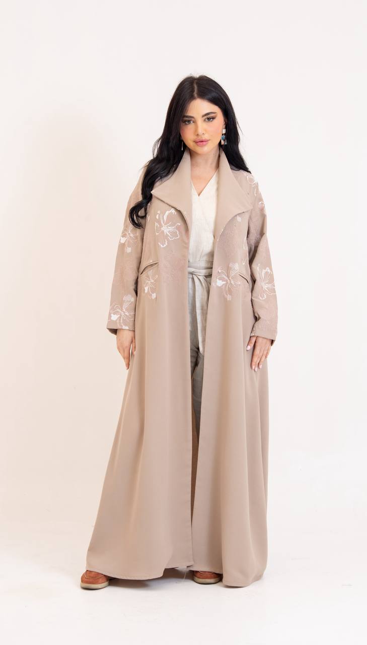 Beige crepe abaya with embroidery.C:6765