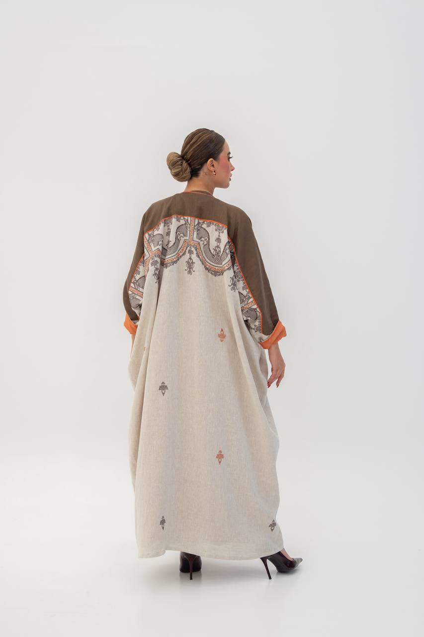 Beige linen abaya with embroidery. C:6785