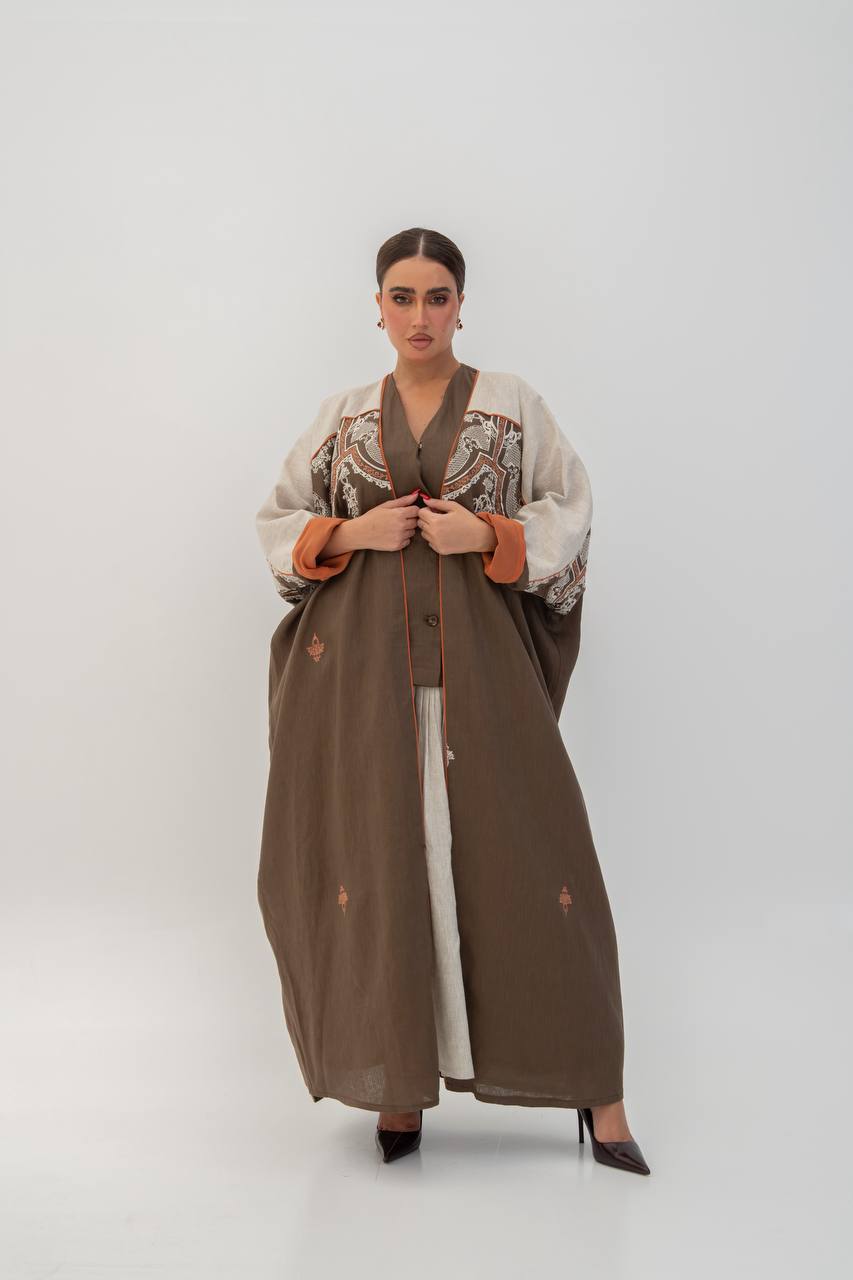 Brown linen abaya with embroidery. C:6785