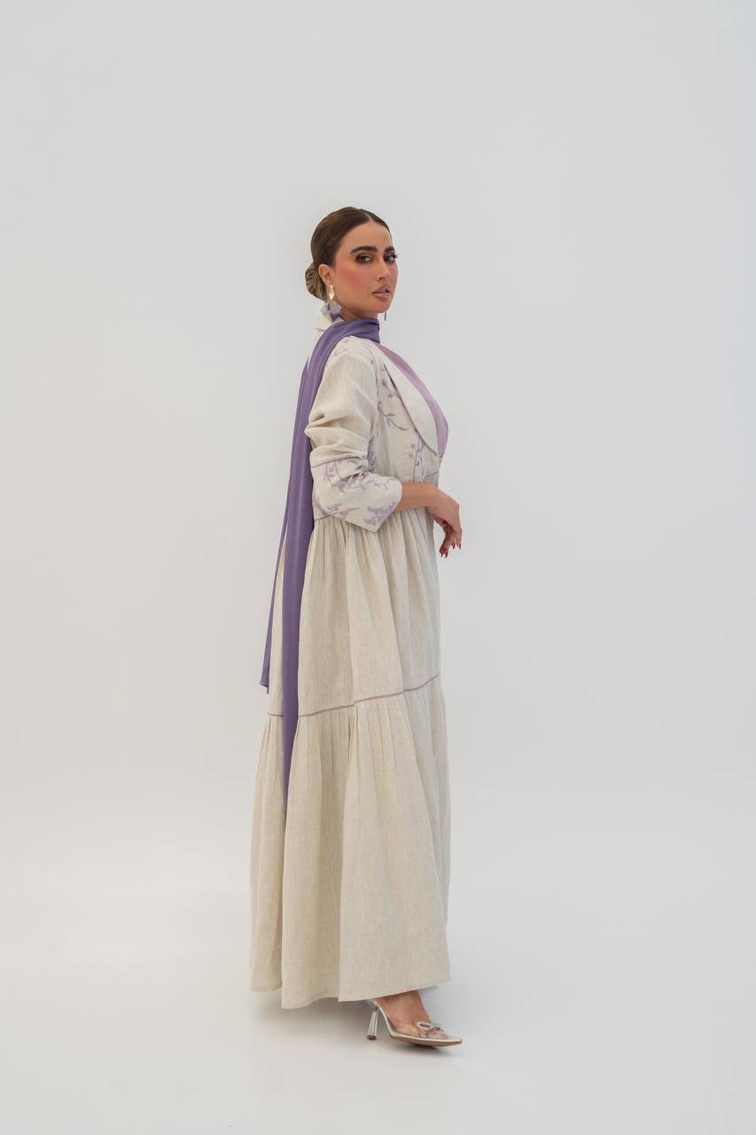 Beige linen abaya with embroidery. C:6786