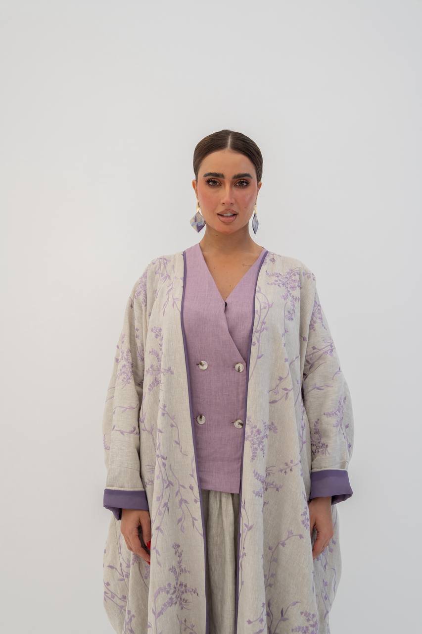 Beige linen abaya with embroidery. C:6784