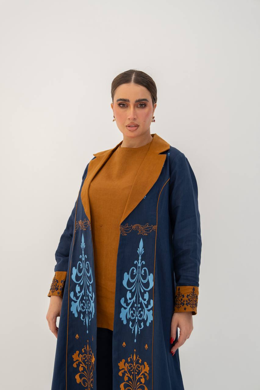 Linen abaya in navy blue with embroidery.C:6783