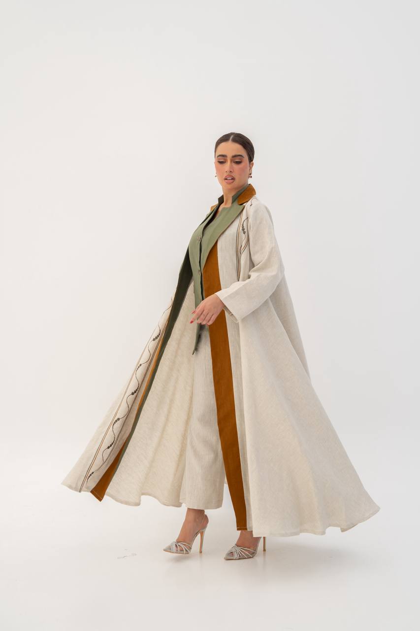 Beige linen abaya with embroidery. C:6787