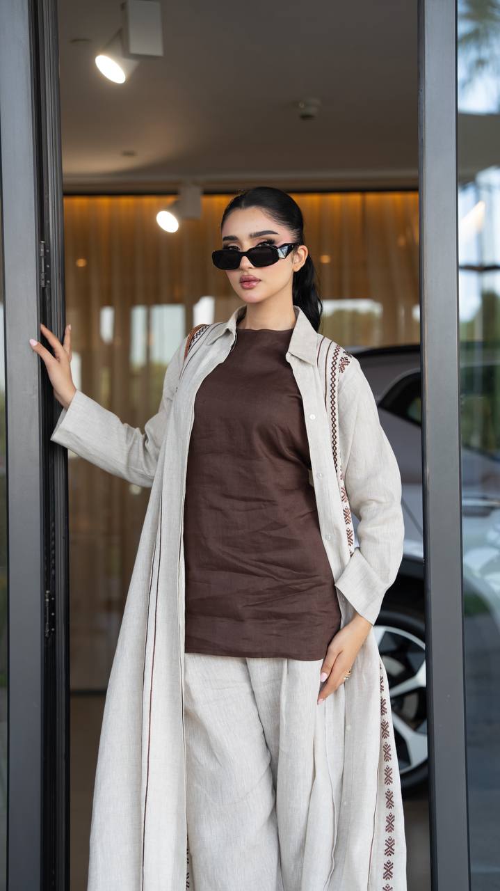 Beige linen abaya with embroidery. C:6683