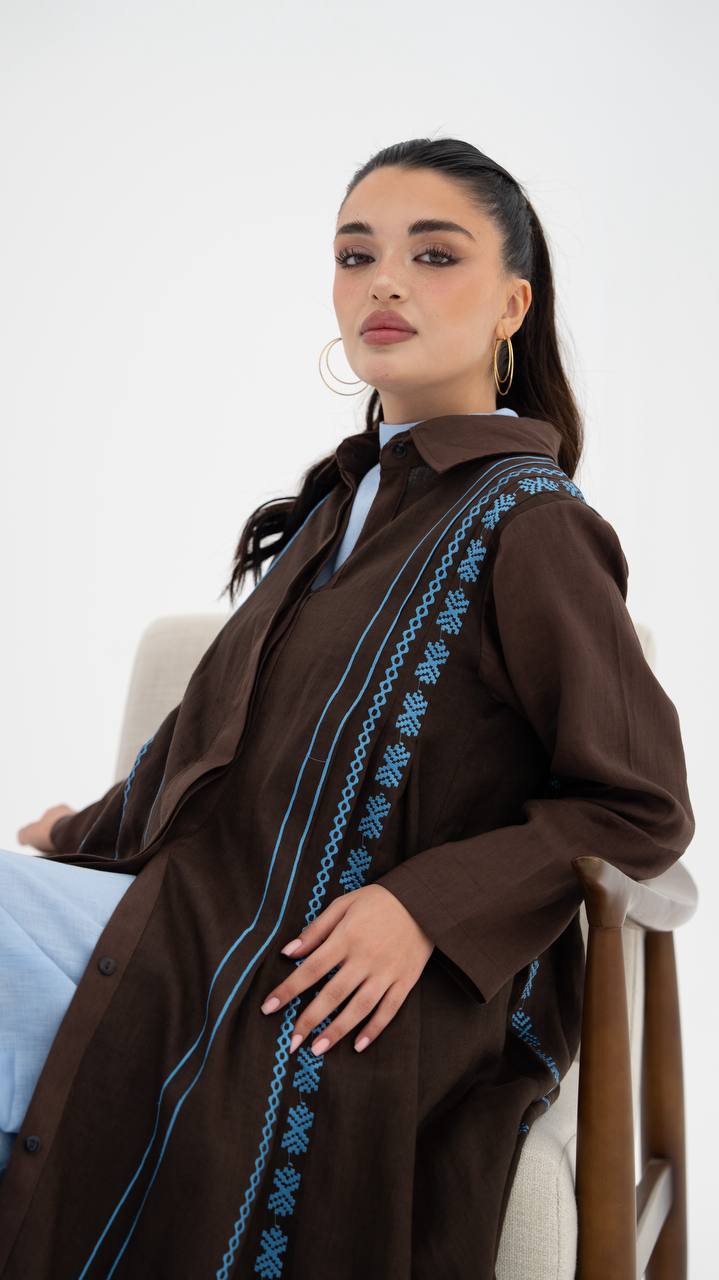 Linen abaya in brown with embroidery.C:6683