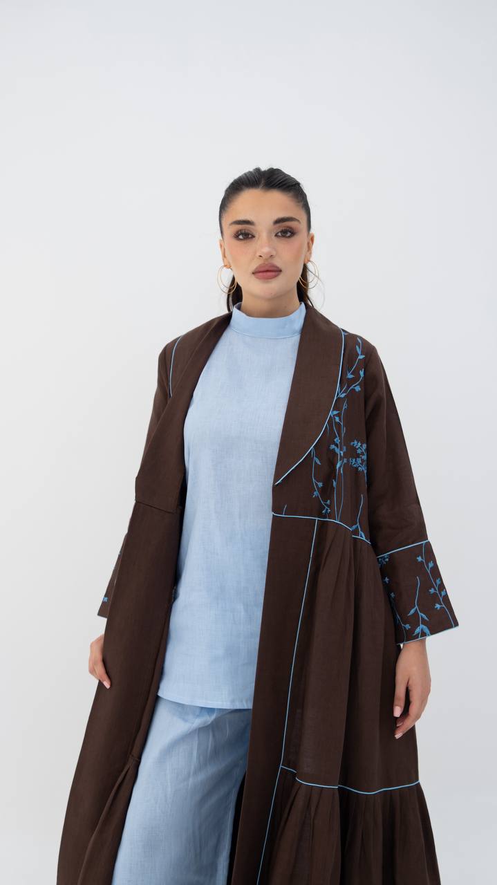 Beige linen abaya with embroidery.C:6786