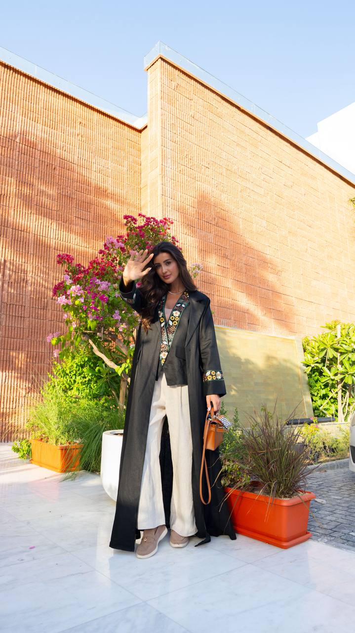 Black linen blazer abaya with embroidery. C:6792