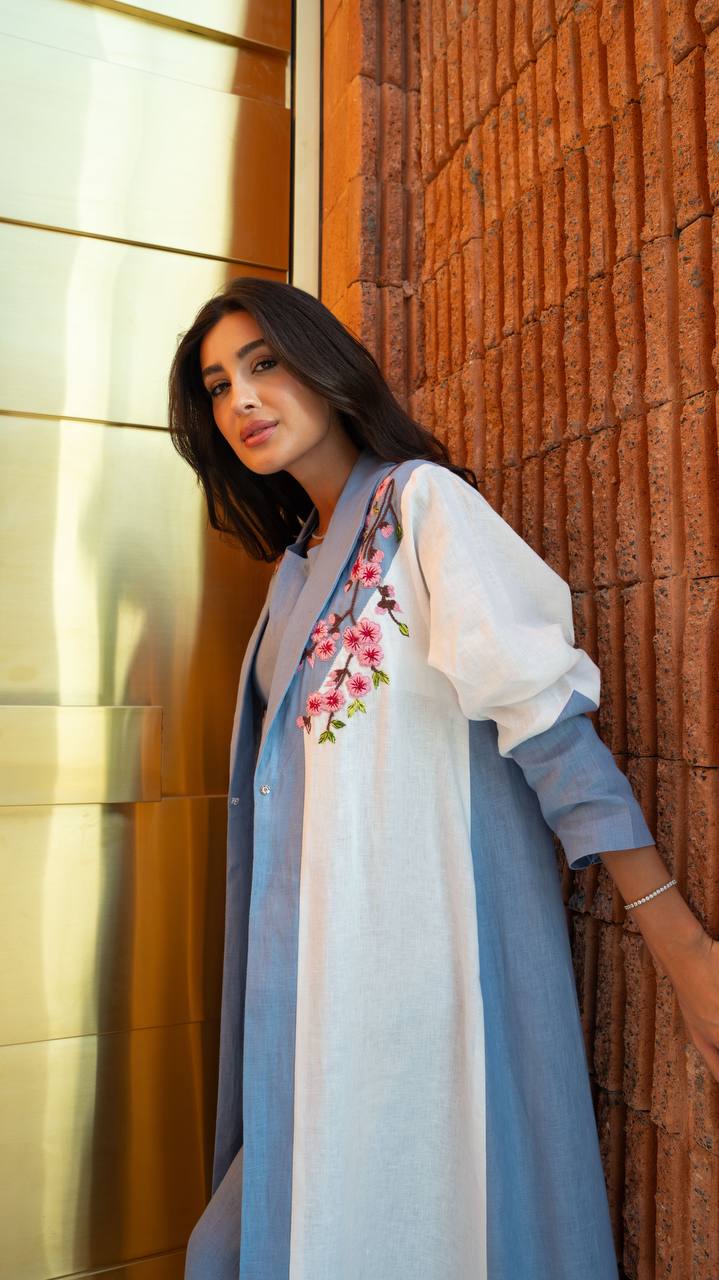 Blue and white linen blazer abaya with embroidery.C:6807
