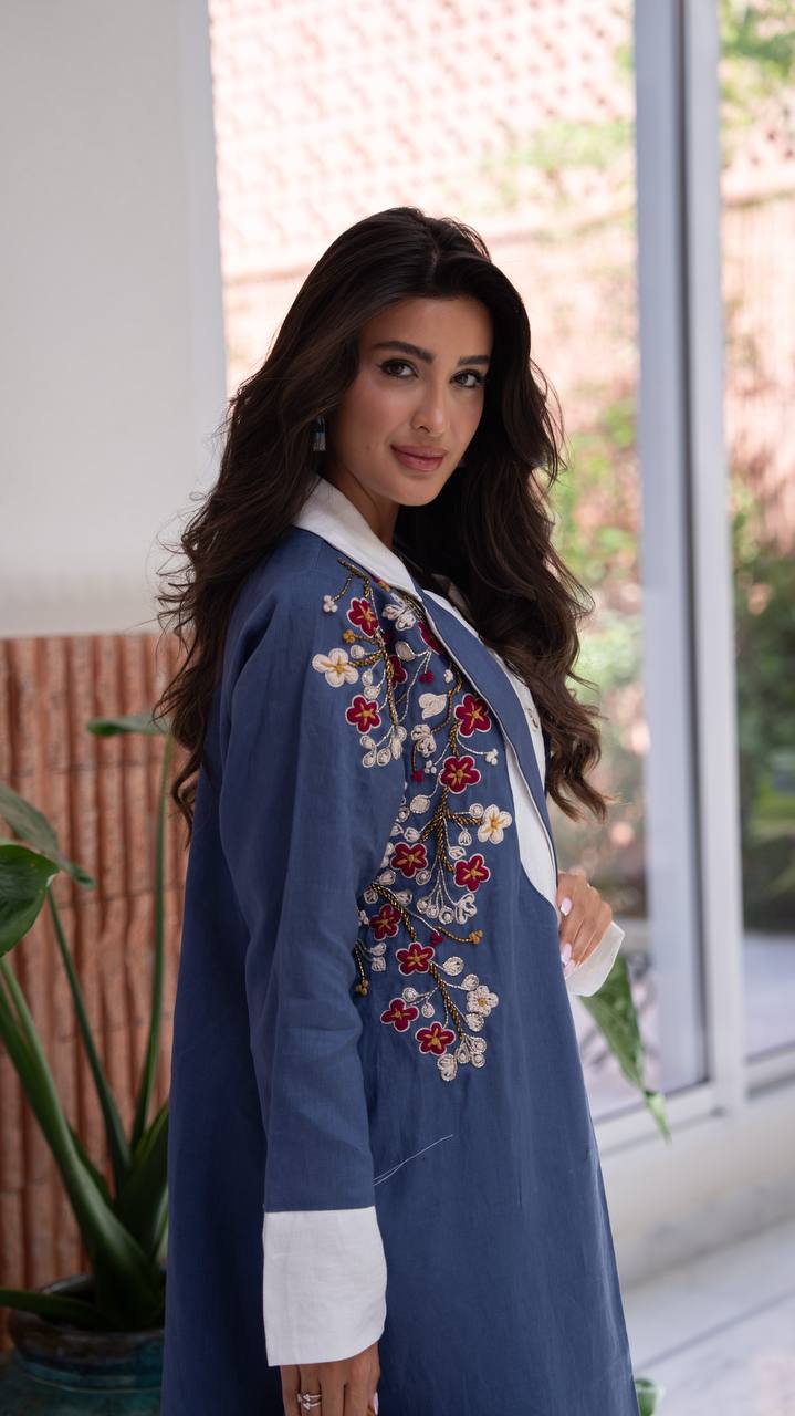 Blue linen blazer abaya with embroidery.C:6795
