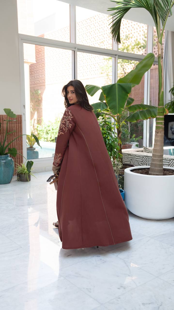 Burgundy linen blazer abaya with embroidery.C:6797
